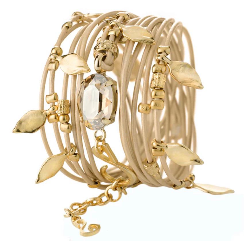 Smadar Eliasaf Leren Wikkelarmband, 24K verguld, Swarovski, Met kristal, Beige, Nieuw, Leer