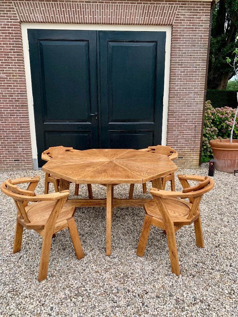 Vintage eiken brutalist tafel en stoelen, Ophalen, Gebruikt, Eikenhout, Vijf personen of meer