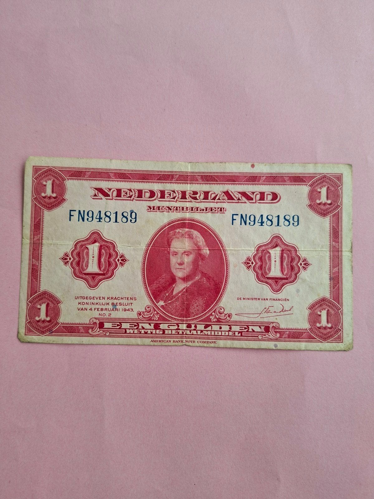1 gulden Wilhelmina uit 1943
in ZF
Serie nummer FN 948189
NV, Ophalen of Verzenden, 1 gulden, Los biljet