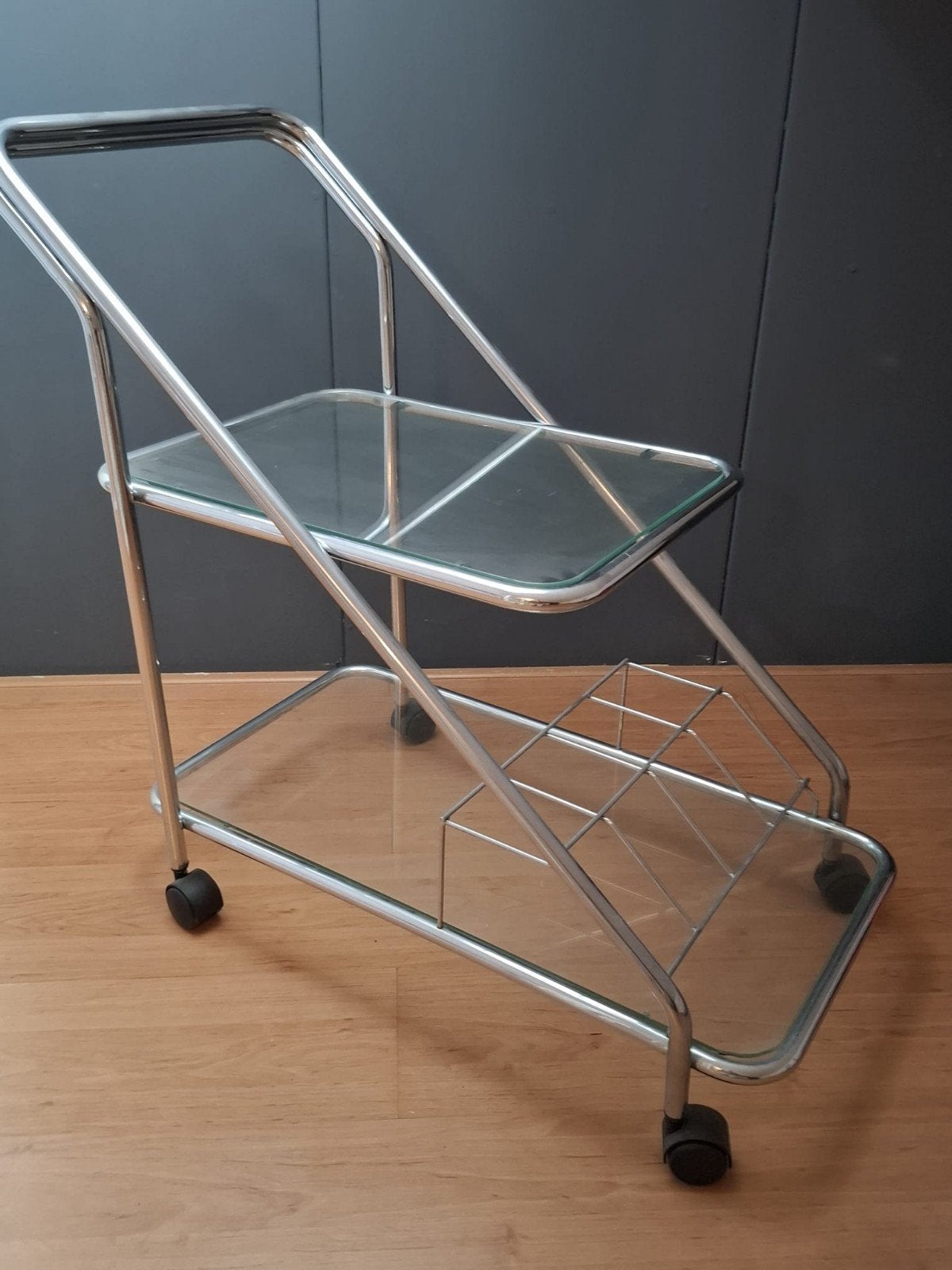 Vintage serveerwagen chroom en glas, Ophalen, Vintage, Gebruikt, Metaal