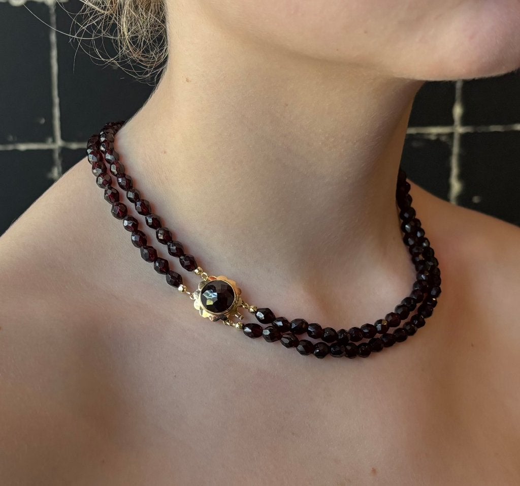 Granaat antieke ketting fraai 14k slot goud dames vintage, Ophalen of Verzenden, Goud, Ketting, Met edelsteen