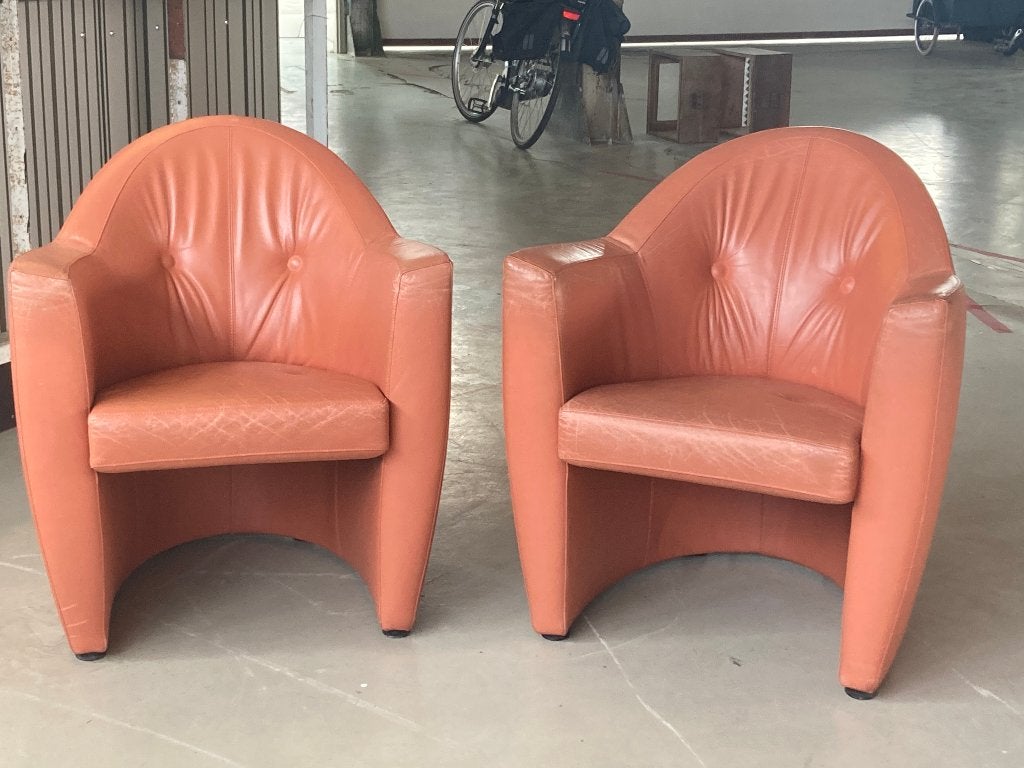 Vintage Leolux Carabita clubfauteuils leer postmodern, Ophalen, Leolux vintage postmodern Dutch design leer clubfauteuil, Gebruikt