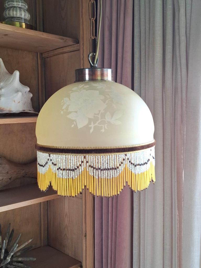Oude vintage Franse hanglamp kralenband kralen, Antiek en Kunst, Ophalen of Verzenden