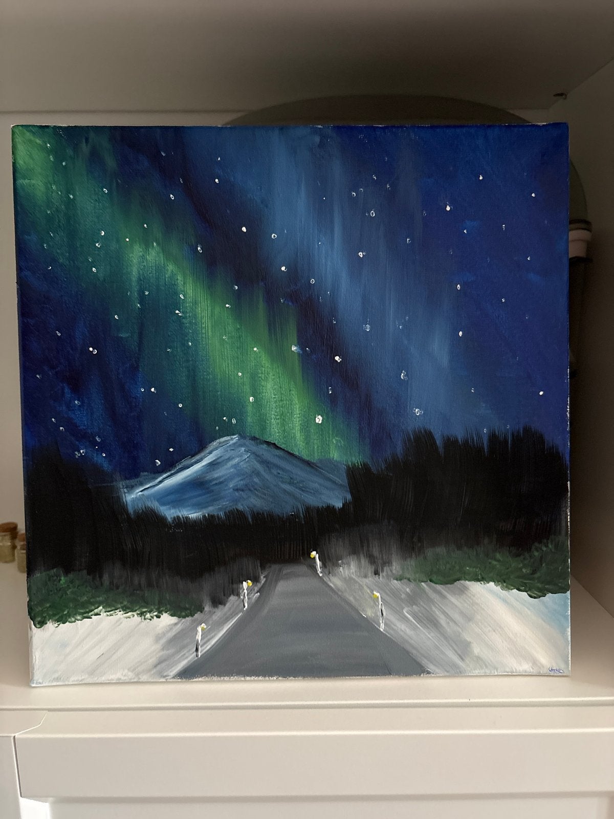 Schilderij Noorderlicht met berglandschap Acrylic verf, Ophalen of Verzenden