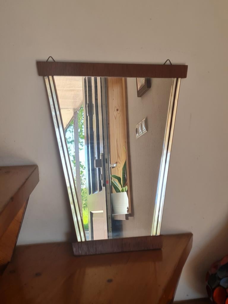Retro Spiegel Teakhout Messing Mid Century, Ophalen of Verzenden, Overige vormen, Minder dan 50 cm, Minder dan 100 cm