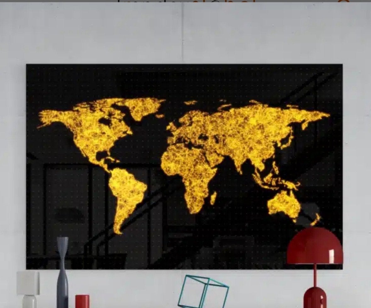 Grote Wereldkaart Wanddecoratie - Zwart/Goud, Ophalen, Zwart, Zo goed als nieuw, Glas