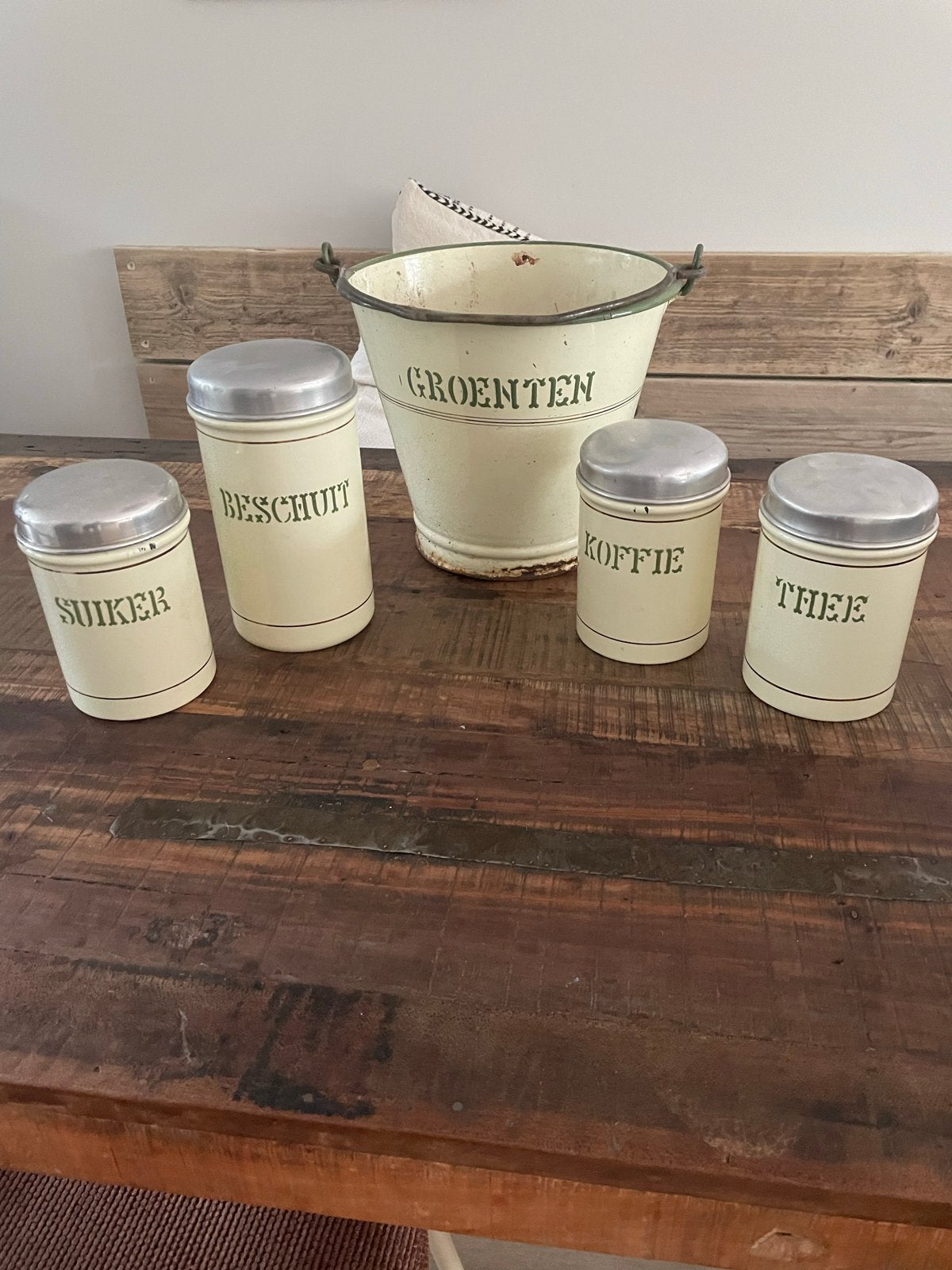 Vintage emaille voorraadpotten en groenteblik, Ophalen of Verzenden