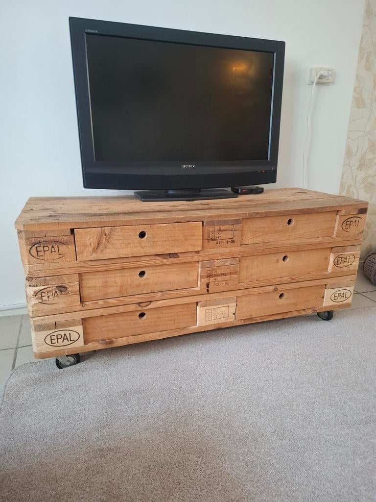 Uniek TV-meubel van Pallet Hout met Lades en Wielen, Ophalen, Gebruikt, 100 tot 150 cm, Minder dan 100 cm