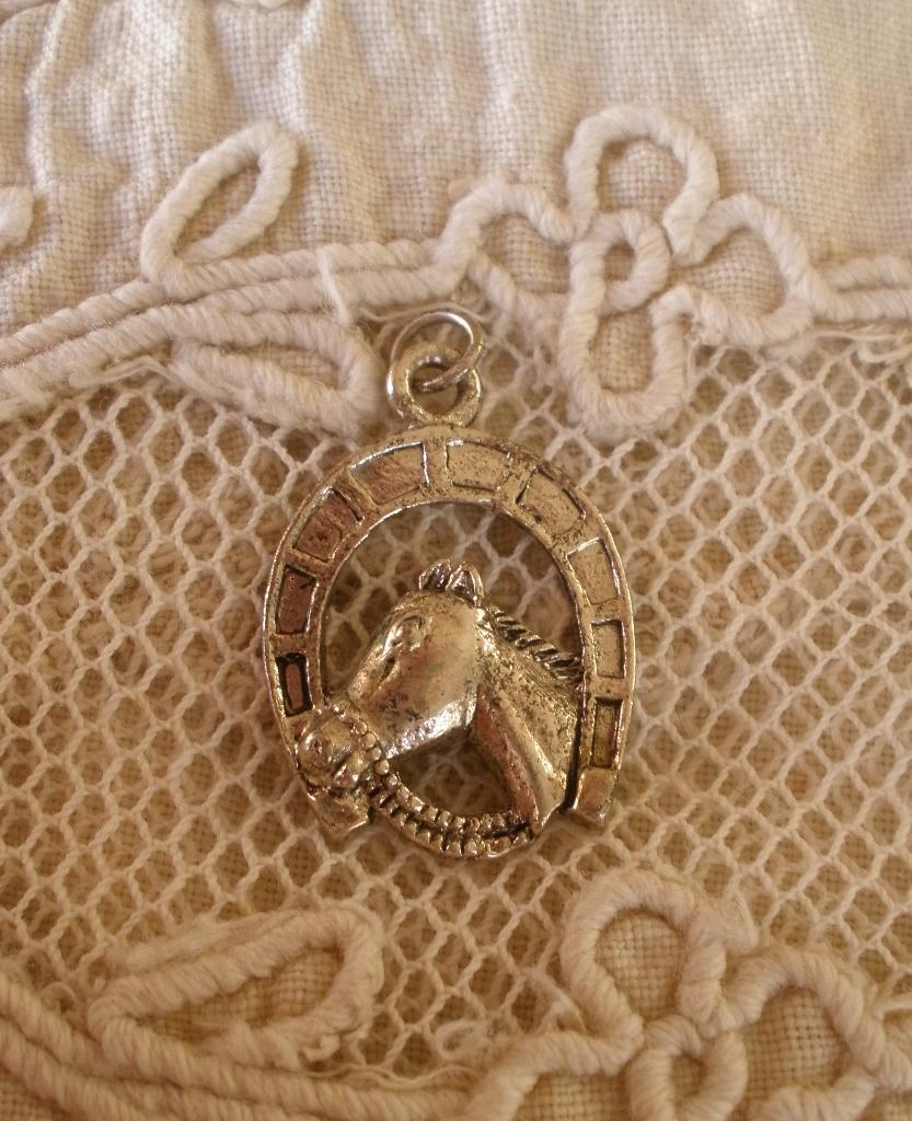 Vintage kettinghanger hoefijzer met paard, Overige materialen, Gebruikt, Ophalen of Verzenden, Zilver