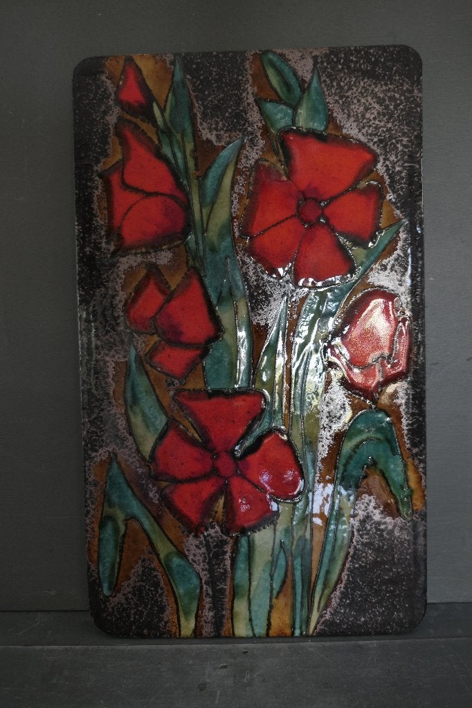 Vintage Ruscha wand decoratie plaquette keramiek met bloemen, 35 cm, Vintage, 60 cm, Ophalen of Verzenden