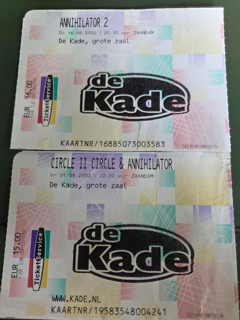 Concertkaarten 2 stuks Annihilator De Kade 2002 en 2003, Ophalen of Verzenden, Zo goed als nieuw, Overige typen