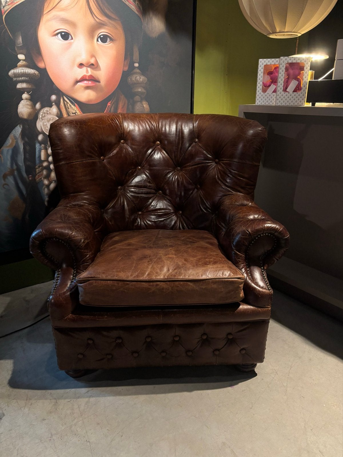 Chesterfield XL Fauteuil - Generfd Leer, Gebruikt, 100 tot 125 cm, Leer, 75 tot 100 cm