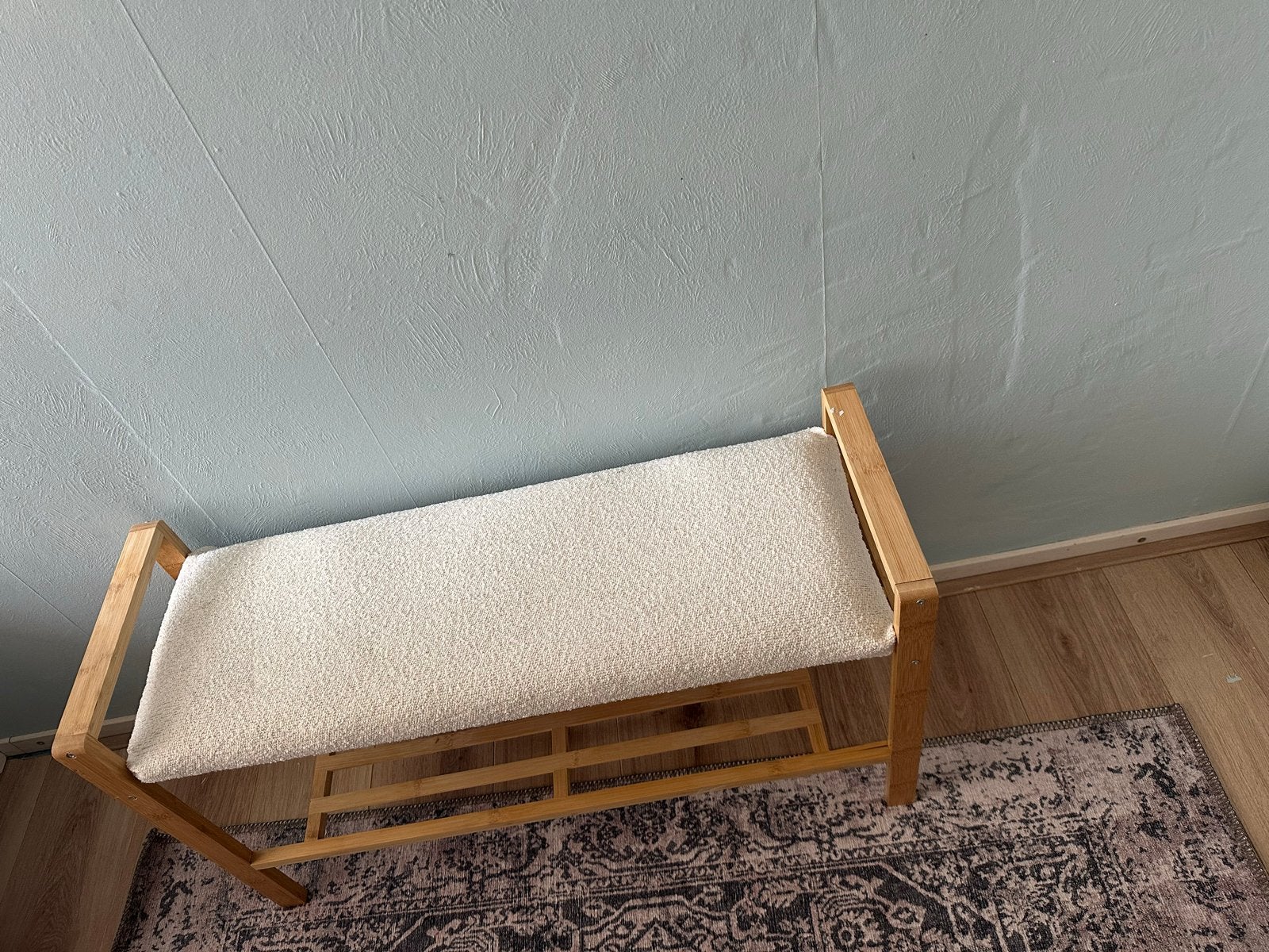 Houten bankje met teddy stof en schoenenrek, Huis en Inrichting, Ophalen, Wit, Zo goed als nieuw, Eén