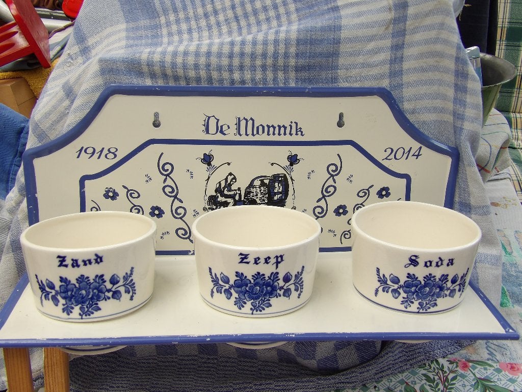 keukenrek met porseleinen potjes/ zand zeep soda, Antiek en Kunst, Ophalen of Verzenden