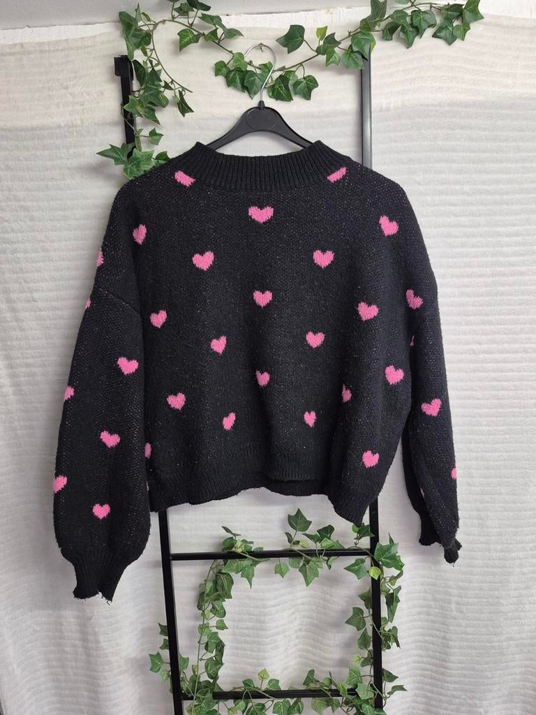 Zwarte trui met roze hartjes - Maat L, Kleding | Dames, Truien en Vesten, Zwart, Maat 42/44 (L), Ophalen of Verzenden, Onbekend