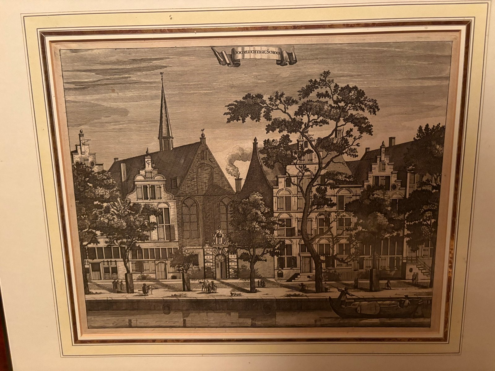 Antieke ets 'De doorluchtige School’ Amsterdam, Antiek en Kunst, Kunst | Etsen en Gravures, Ophalen, Ets, Stadsgezicht, 53 cm