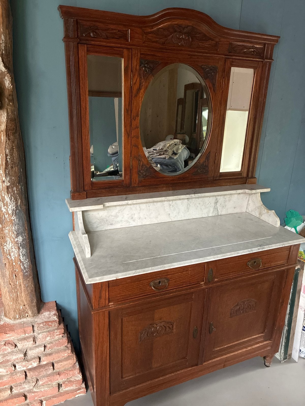 Antieke commode met marmeren blad en spiegelopbouw, Antiek en Kunst, Ophalen
