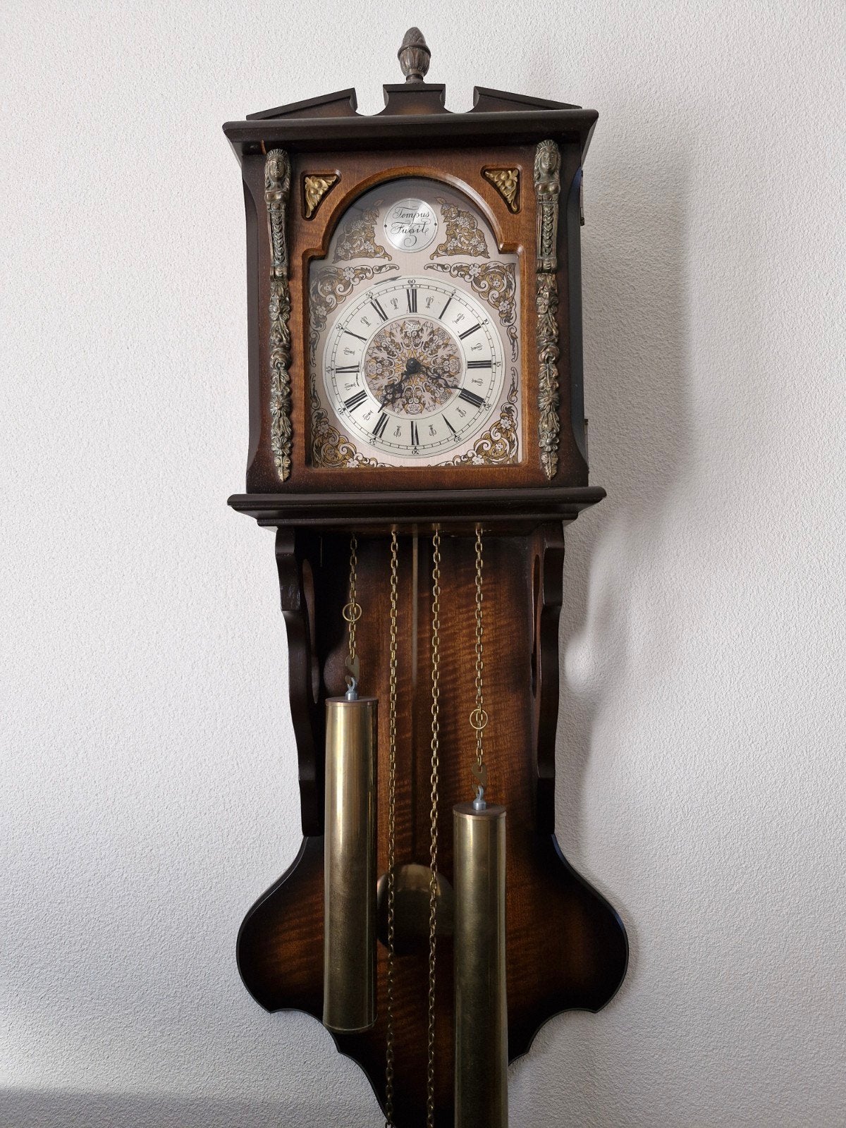 Antieke Tempus Fugit staande klok met gedetailleerd uurwerk, Ophalen