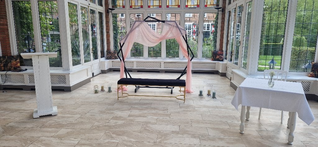 Trouwboog backdrop hexagon met doek, Ophalen, Zo goed als nieuw, Versiering, Geboorte of Huwelijk