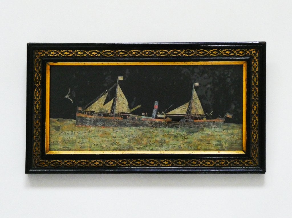 Uniek oud postzegel schilderij met een zeilboot maritiem, Ophalen of Verzenden