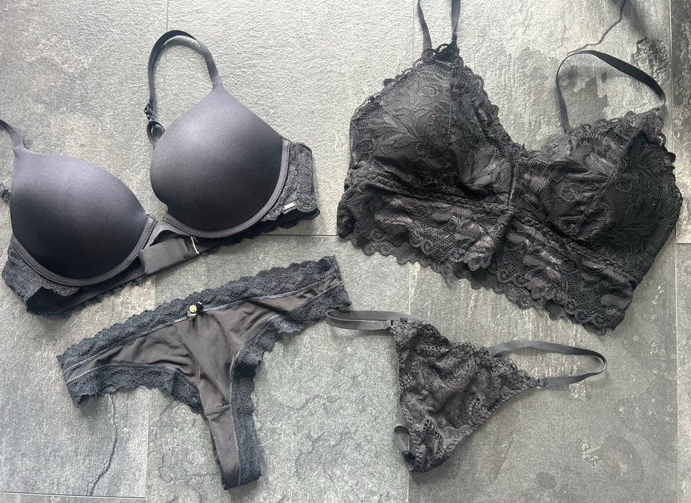 2 Zwart kant lingerie set BH string 36 S & 80B bralette M, Verzenden, Zwart, Setje