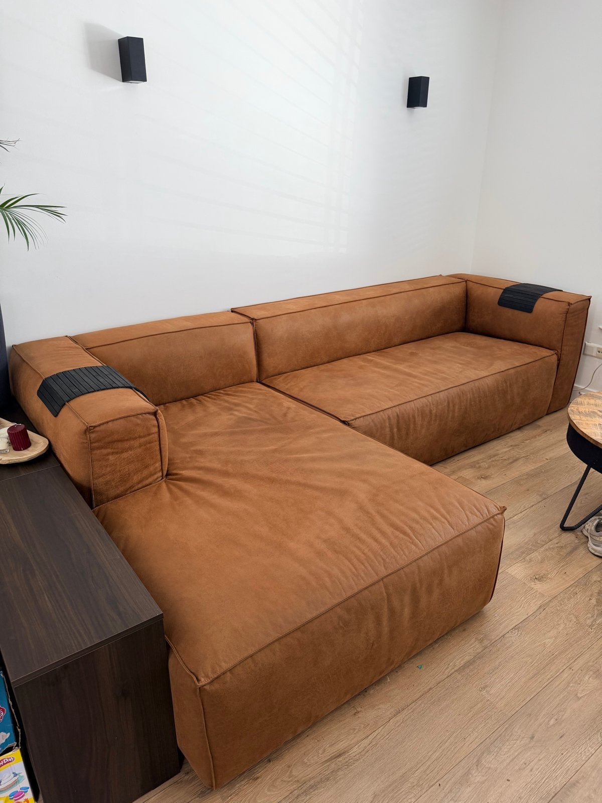 Woood Bean Hoekbank Links Cognac - Zo goed als nieuw, Ophalen, Overige materialen, Hoekbank, 300 cm of meer