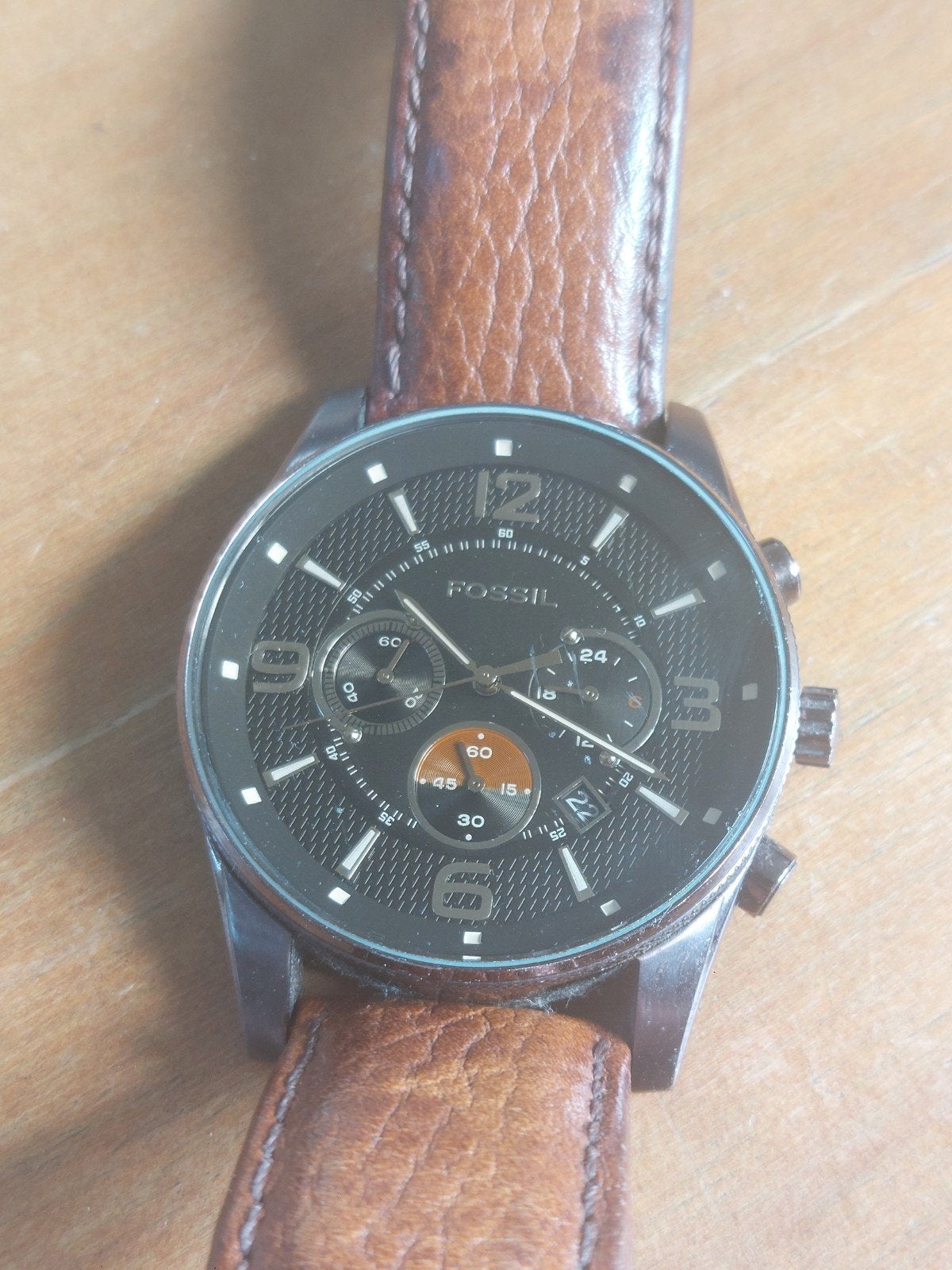 Fossil FS-4386 Herenhorloge - Quartz - Paars/Bruin Leer, Overige merken, Overige materialen, Polshorloge, Ophalen of Verzenden
