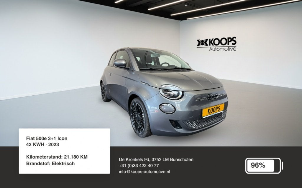 Fiat 500e 3+1 Icon 42KWH SOH 96% | Camera | Stoelverwarming, Gebruikt, 118 pk, Met garantie (alle), 4 stoelen