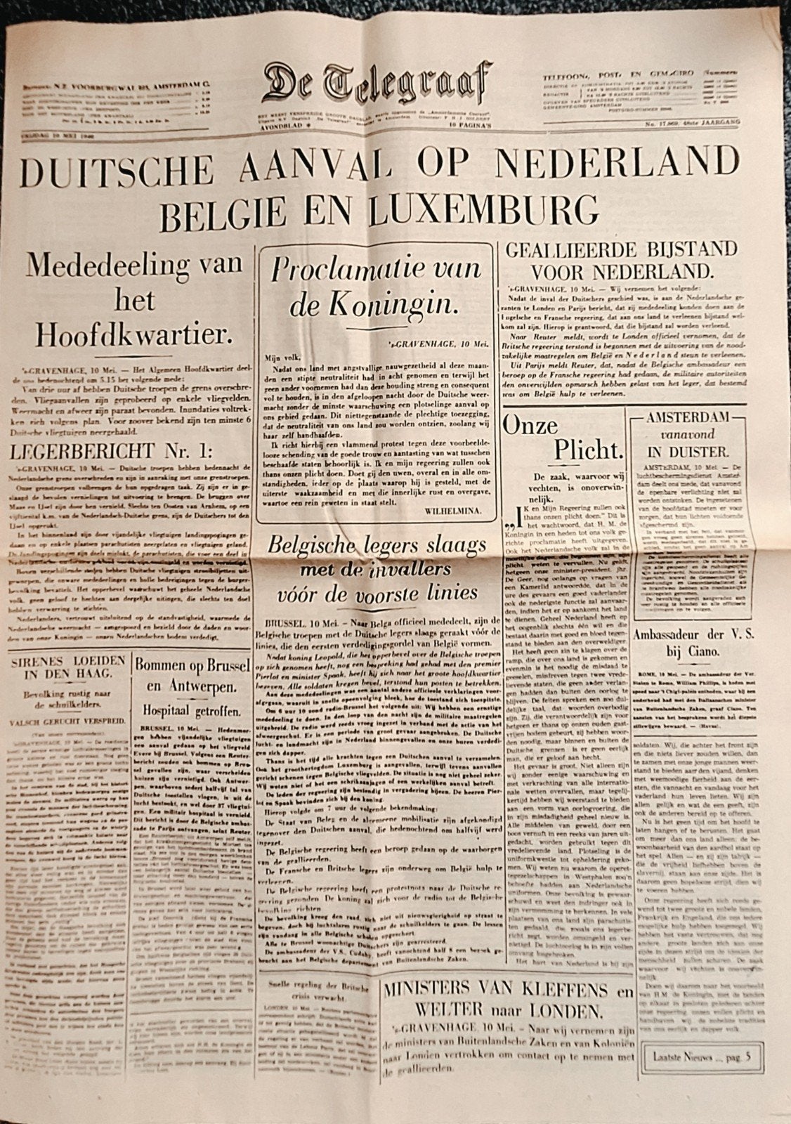 De Telegraaf - Duitse aanval op Nederland, België, Luxemburg, Ophalen of Verzenden, Gelezen, Krant