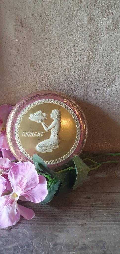 oud rond  chocolade blik roze/goud Tjoklat, Antiek en Kunst, Ophalen of Verzenden