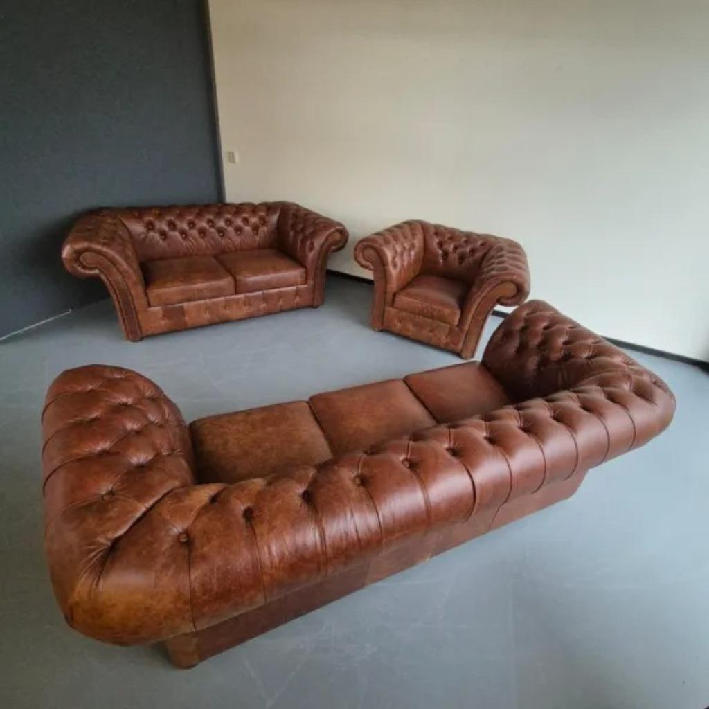 24546 Chesterfield Bankstel Leder Antiekbruin 3-2-1, Ophalen, Nieuw, Rechte bank, Vierpersoons of meer