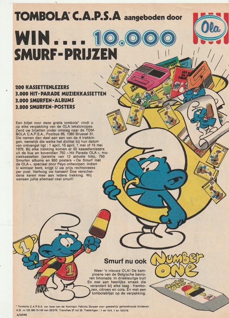 Retro reclame 1975 Ola ijs Smurf kampioenschappen, Verzamelen, Verzenden, Overige typen