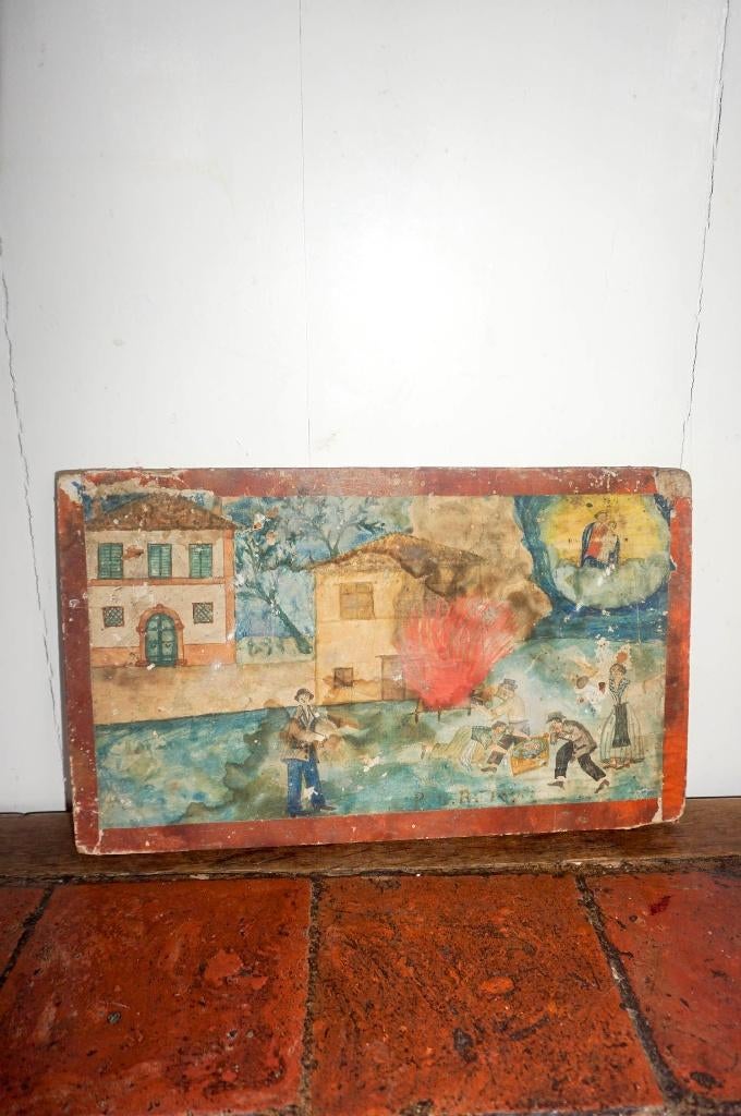 antiek ex voto schilderij brandweerman * 19e * olieverf hout, Antiek en Kunst, Antiek | Religie, Ophalen of Verzenden