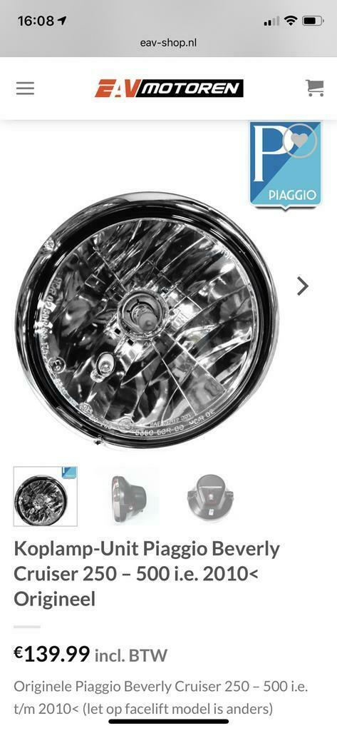 Originele Koplamp Piaggio Beverly Cruiser 500 i.e. Vanaf ‘07, Motoren, Ophalen of Verzenden