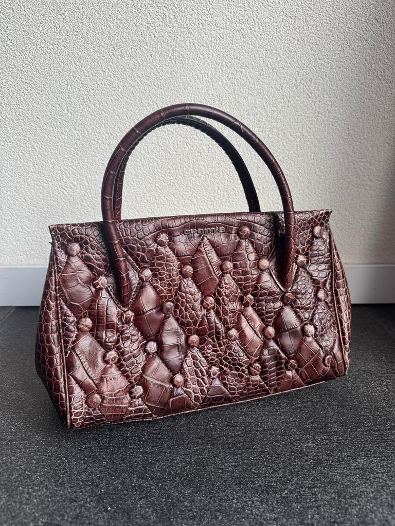 Croma bruine leren handtas met krokodillen print, Sieraden, Tassen en Uiterlijk, Tassen | Damestassen, Zo goed als nieuw, Handtas