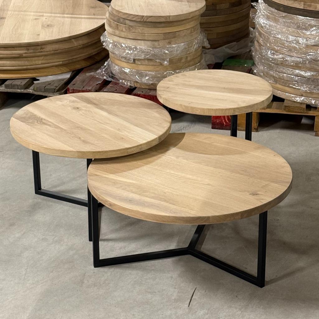 eiken salon tafels nest rond set van 3 of los model, Huis en Inrichting, Ophalen, 50 tot 100 cm, Eikenhout, Nieuw