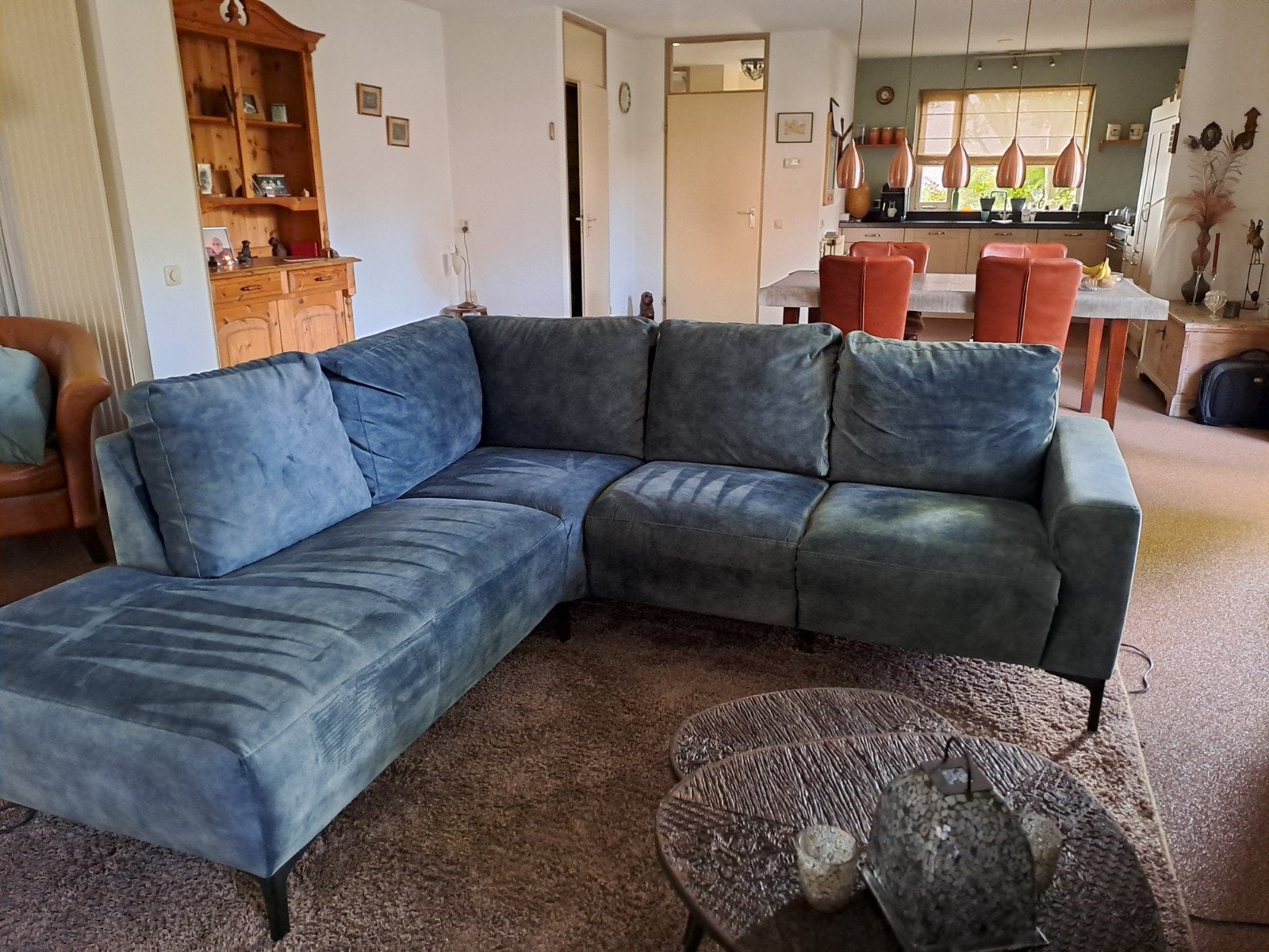 hoekbank kleur petrol. Links electrisch verstelbare zitting, Ophalen, 250 tot 300 cm, Gebruikt, 100 tot 125 cm