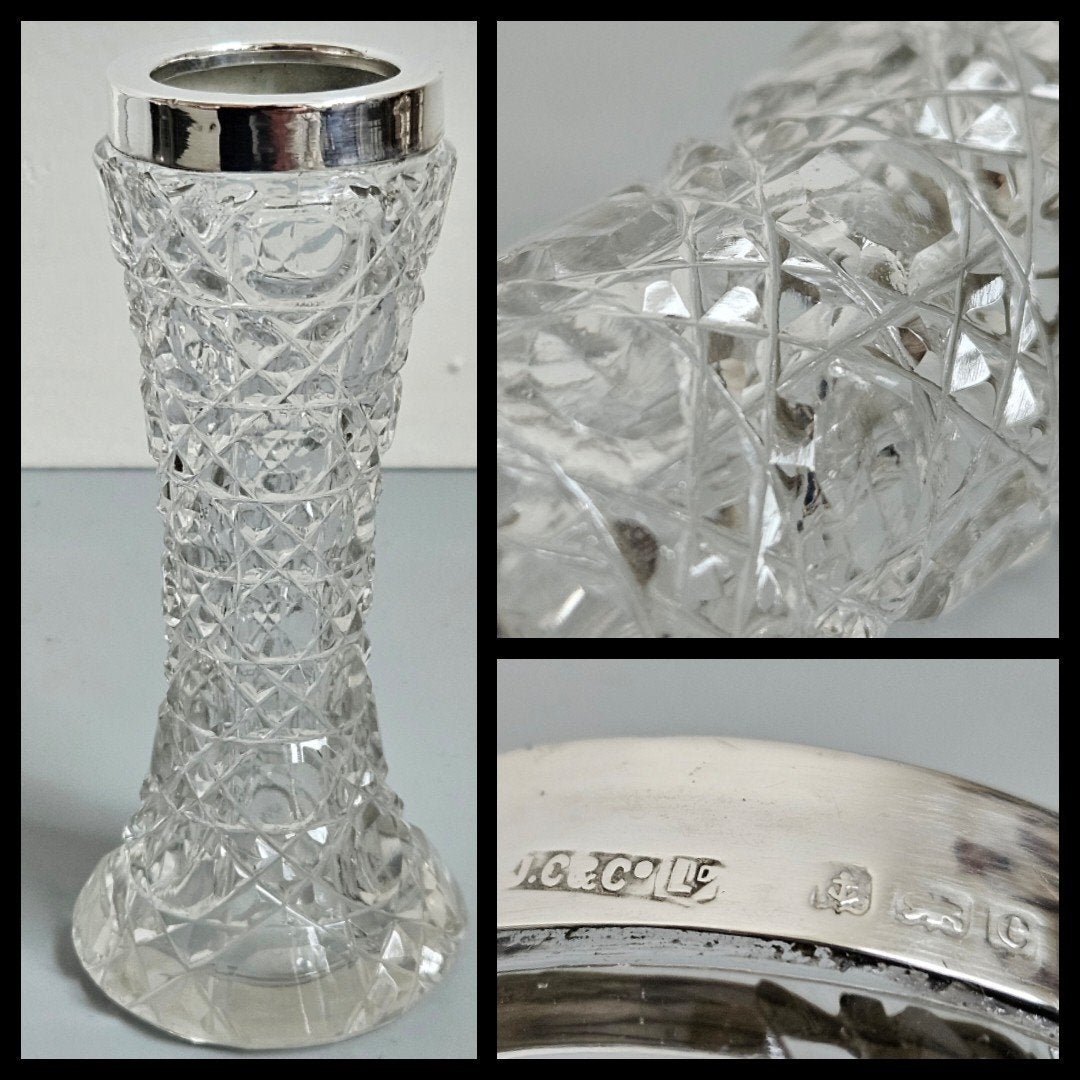 antiek zilver,  geslepen kristal vaasje met 925 zilver, Ophalen of Verzenden, Zilver
