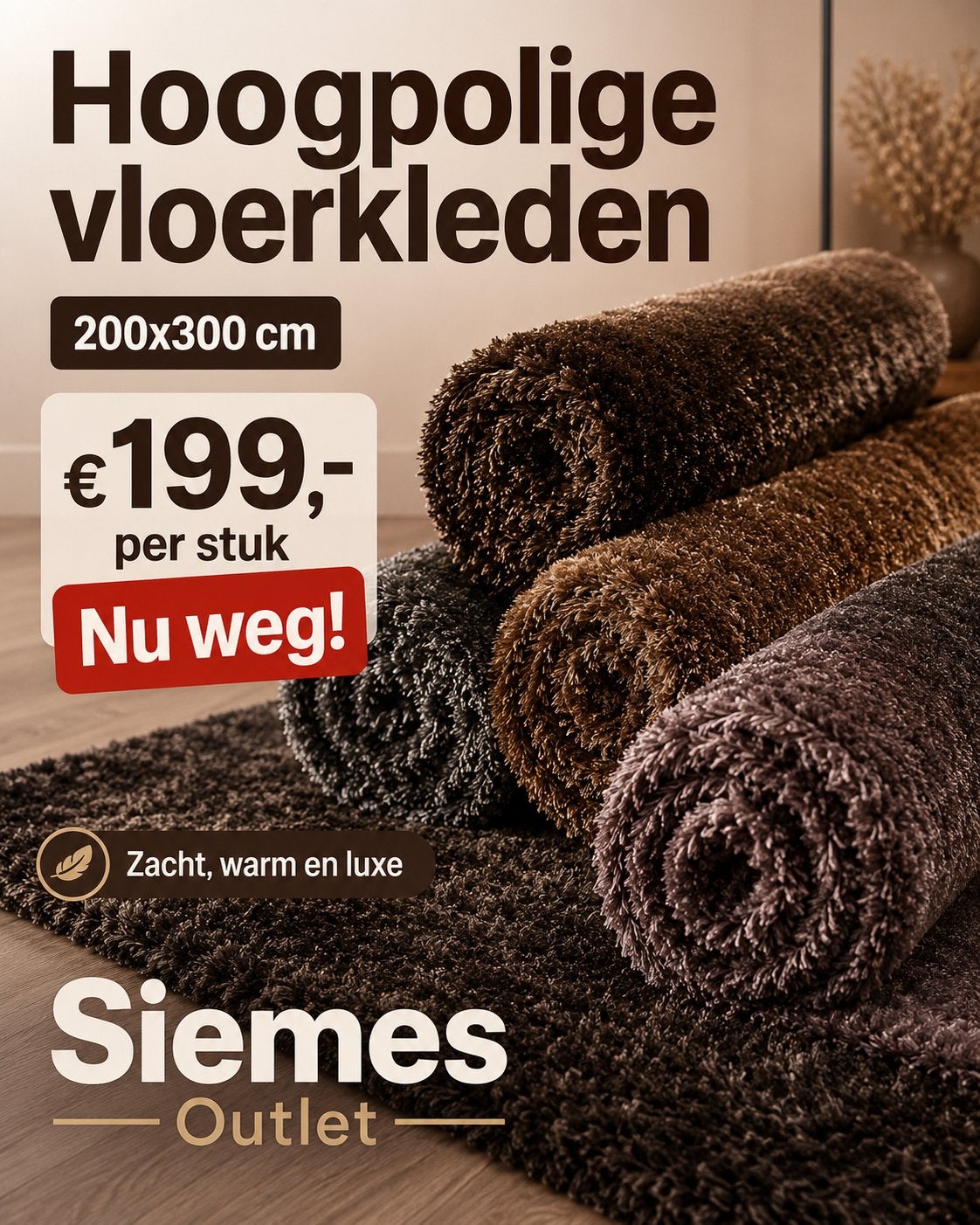 Hoogpolige vloerkleden 200x300 cm – Bruin - NIEUW, Ophalen