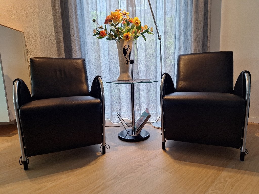 2x Gelderland fauteuil 6020 zwart van Jan des Bouvrie, Huis en Inrichting, Fauteuils, Ophalen, Gebruikt, Leer, 50 tot 75 cm