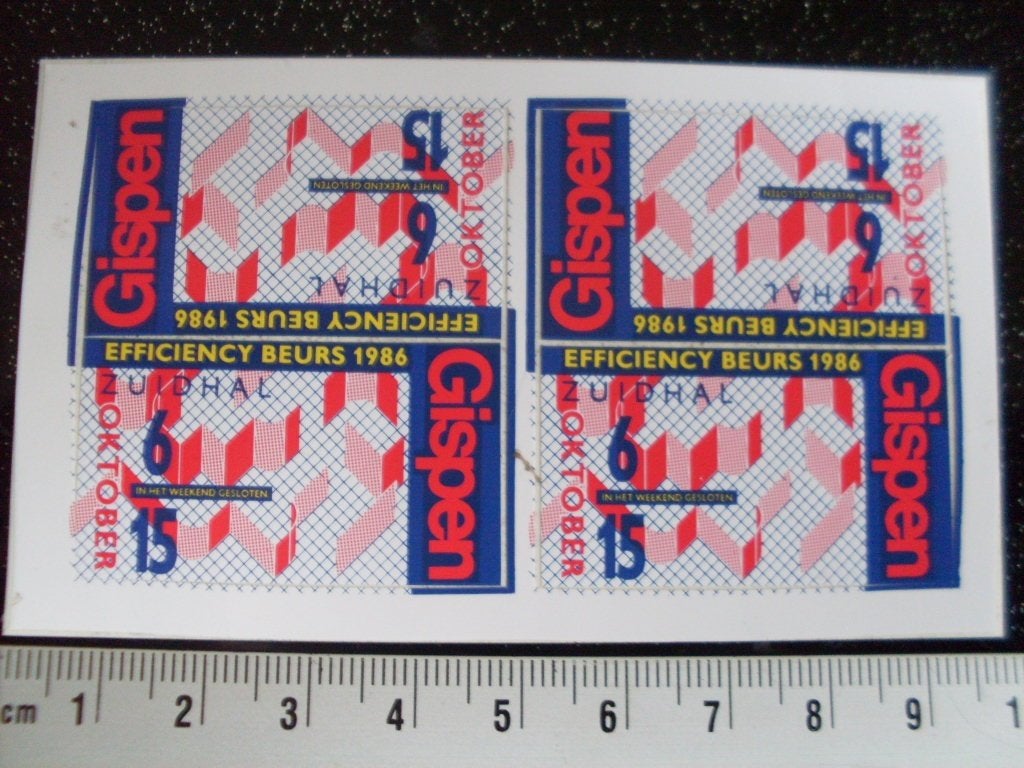 4x sticker Gispen efficiency beurs 1986 logo, Verzamelen, Verzenden, Zo goed als nieuw, Bedrijf of Vereniging