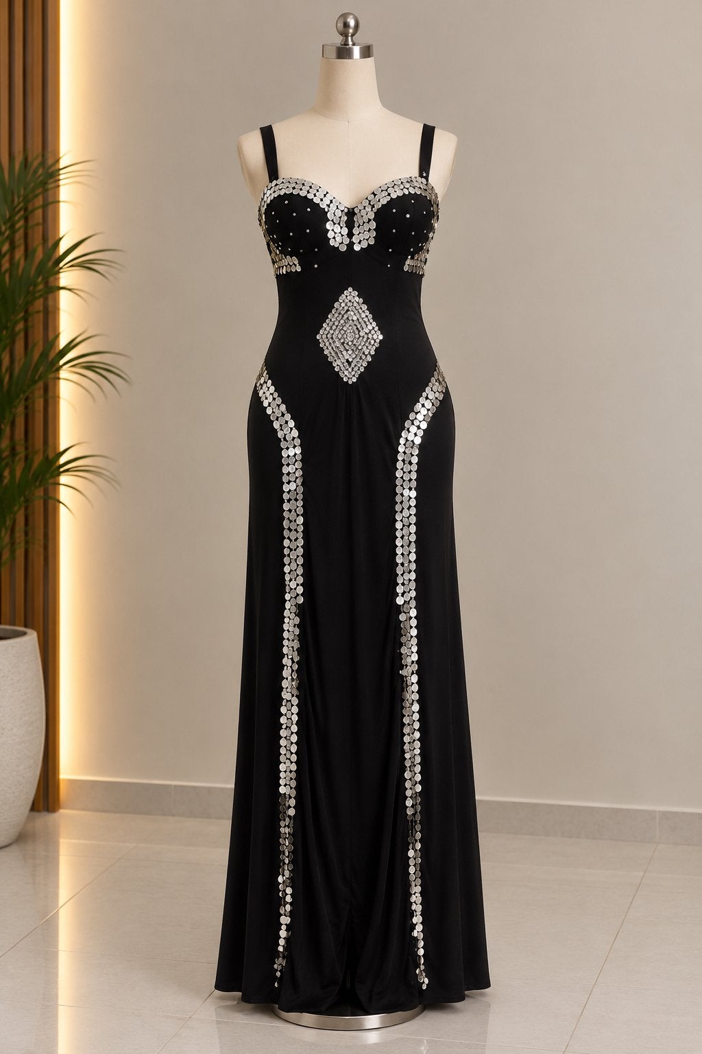 Elegante Zwarte Avondjurk met Zilveren Pailletten, Maat 38/40 (M), Zwart, Nieuw, Ophalen of Verzenden