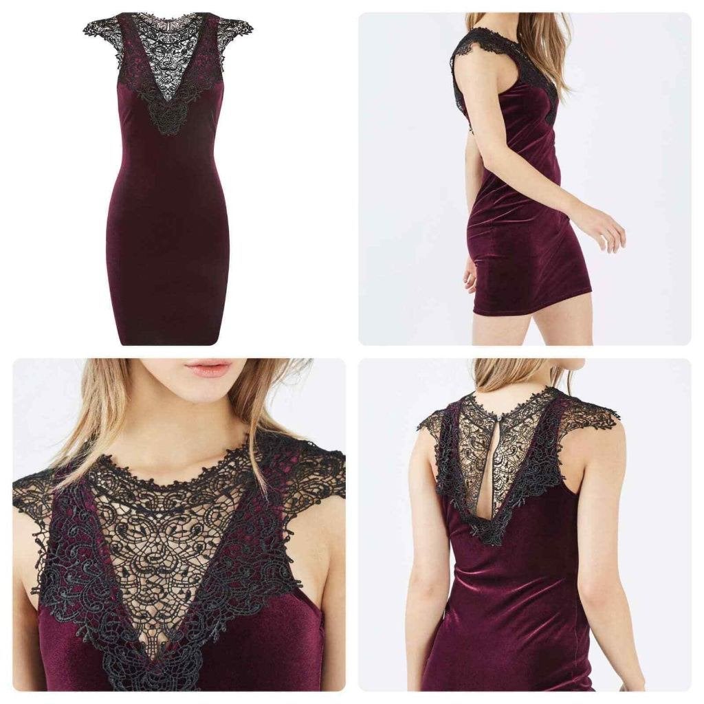 Burgundy velvet lace dress (TOPSHOP), Kleding | Dames, Ophalen of Verzenden, Maat 36 (S), Boven de knie, Rood