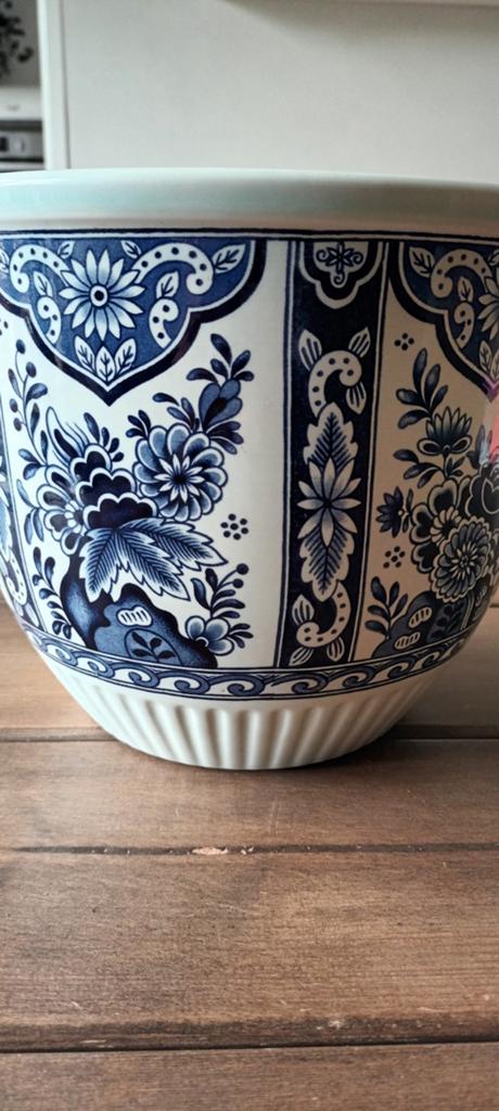 Vintage Delftblauw bloempot, Rond, Ophalen of Verzenden, Aardewerk, Minder dan 40 cm