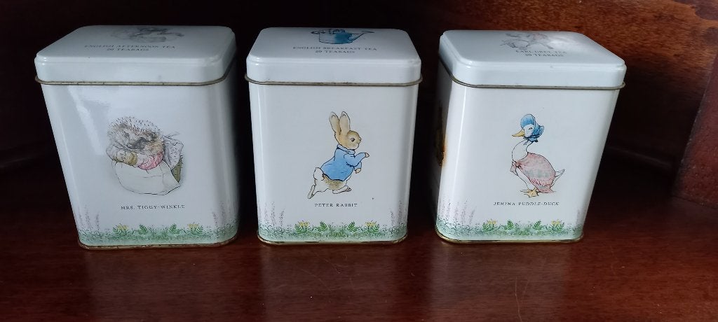 Set van 3 theeblikken met figuren van Beatrix Potter, Ophalen of Verzenden, Gebruikt, Thee, Overige merken