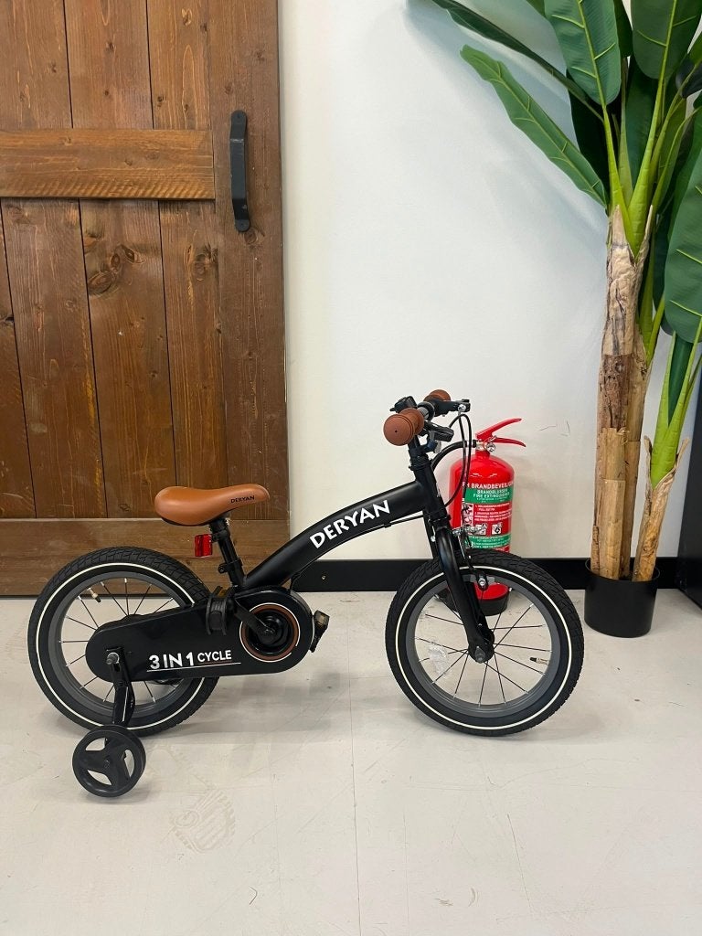 Deryan 3-in-1 Kinderfiets 12 & 14 inch – Zwart, Ophalen of Verzenden, Zo goed als nieuw, Loopfiets