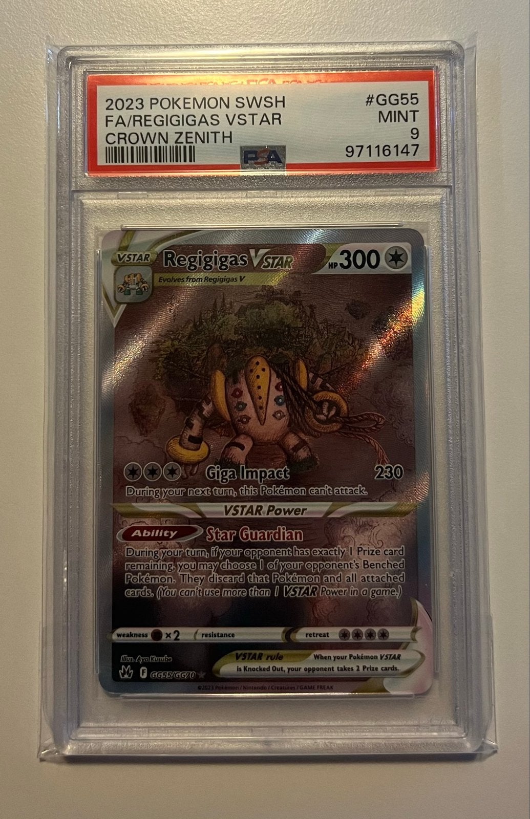 Regigigas VSTAR GG55/GG70 - Crown Zenith - PSA 9, Ophalen of Verzenden, Zo goed als nieuw, Losse kaart, Foil