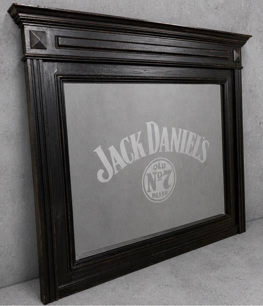 Vintage Jack Daniels Logo Spiegel Zwart Houten Lijst Whiskey, Ophalen, Gebruikt, 100 tot 150 cm, 75 tot 100 cm