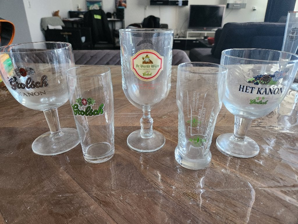Grolsch bierglazen set (5 stuks), Ophalen of Verzenden, Zo goed als nieuw, Bierglas