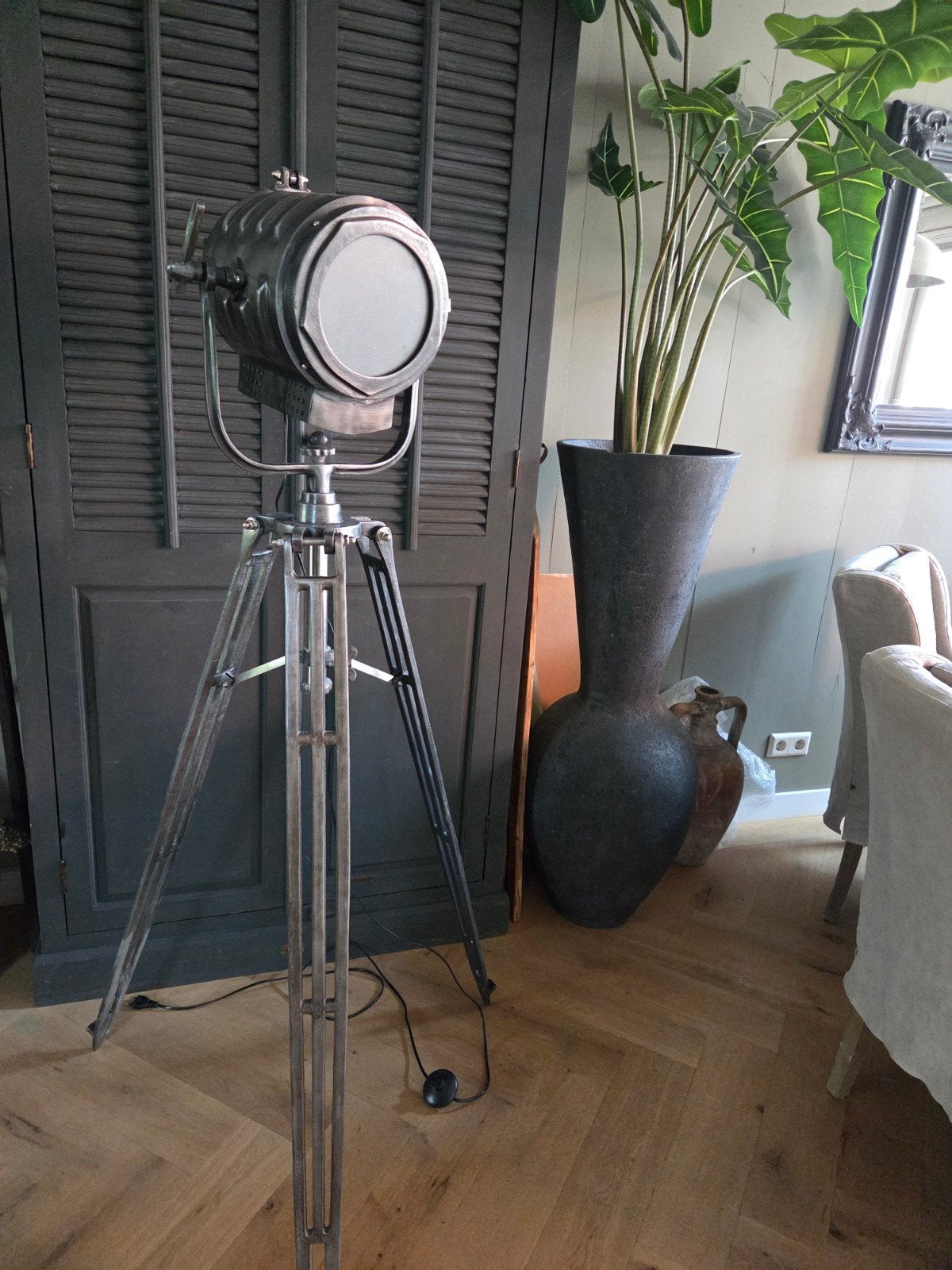 Unieke Theater Vloerlamp - Nikkel +-170 cm Hoog, Huis en Inrichting, Lampen | Vloerlampen, Gebruikt, Ophalen of Verzenden, 150 tot 200 cm